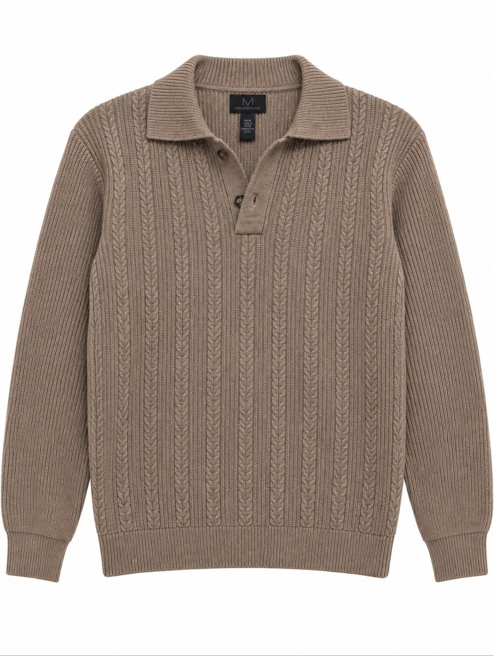MENS Magaschoni Taupe Cable-Knit V-Neck Polo Sweater